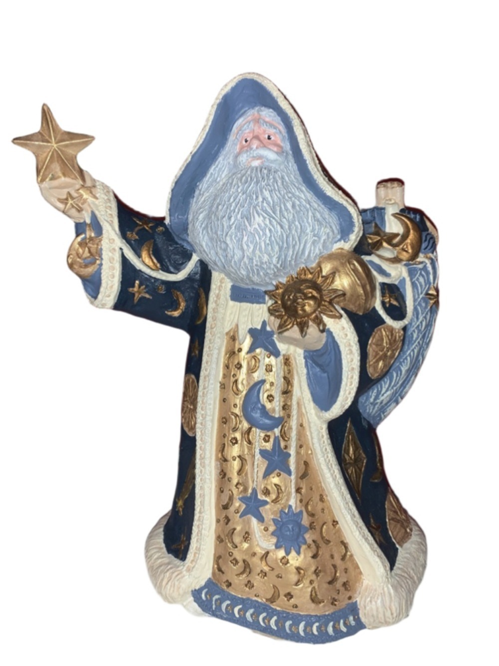 Gare Inc. Holiday Decor hand painted stars and moons Blue Gold Santa Figurine